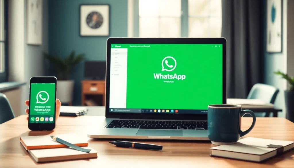 在笔记本电脑上高效使用 WhatsApp Web，支持智能手机集成，工作区整洁高效。