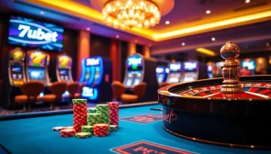 Exciting 7upbet casino atmosphere with poker chips and roulette wheel featured.