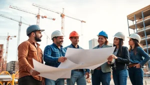 Southern California contractors association team discussing construction plans at a busy site.