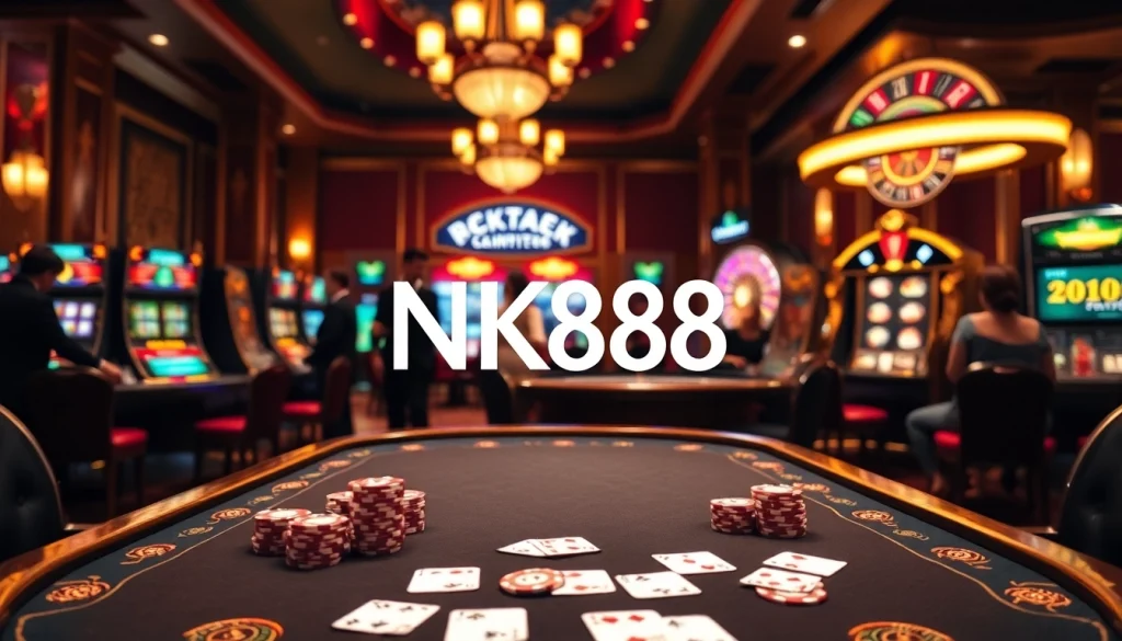 Engaging NK88 gaming scene with poker chips and vibrant slot machines