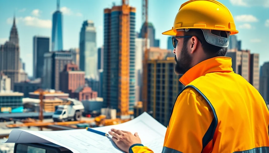 New York City Construction Manager analyzing plans on a bustling site with urban skyline.