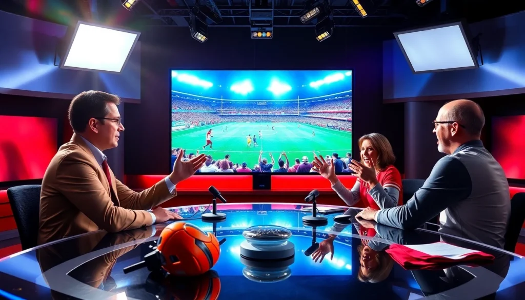 Hosts engaging in sports broadcasting discussion with vibrant backdrop and dynamic atmosphere.