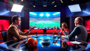 Hosts engaging in sports broadcasting discussion with vibrant backdrop and dynamic atmosphere.