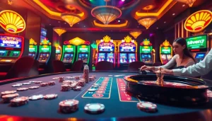 Exciting roulette game at a luxurious casino showcasing situs seven77 with vibrant slot machines.