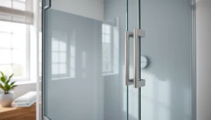 Showcase a stylish shower screen door in a modern bathroom, emphasizing clarity and elegance.