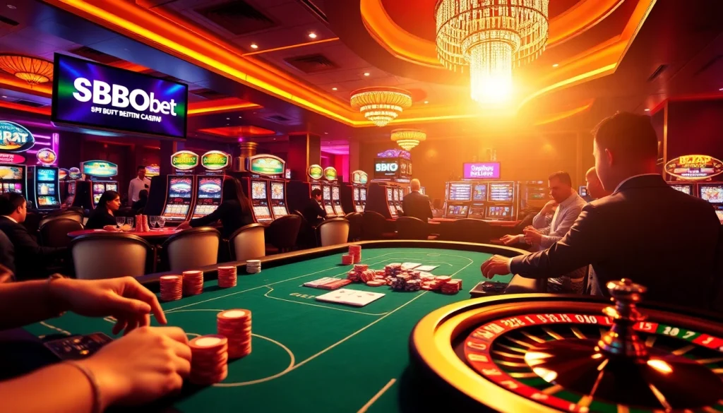 SBOBet sports betting interface amidst an exciting casino scene with vibrant poker action and roulette wheel.
