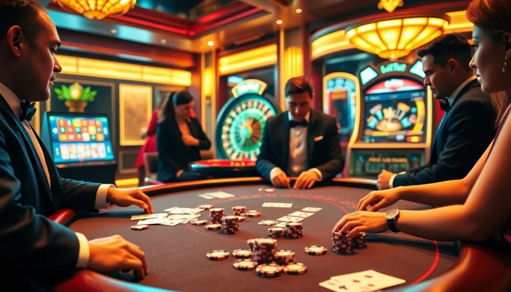 Scène engageante de joueurs se réjouissant dans un environnement de casino en ligne Français avec poker, roulette et excitation de jeu vibrante.