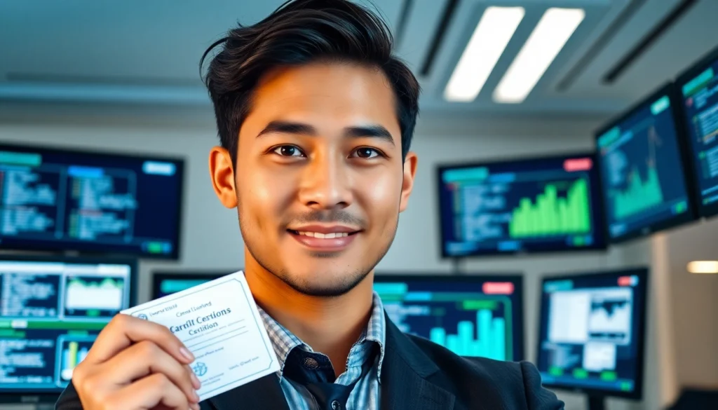 Showcase IT certifications without studying held proudly in a modern office environment.