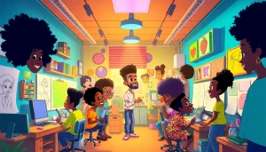 A lively animation studio showcasing African American cartoons with diverse characters and artists creating art.