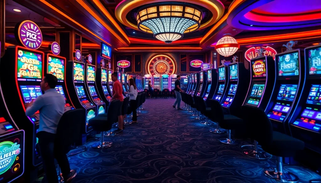 Players enjoying vibrant pg slot machines in an upscale casino ambiance filled with excitement.