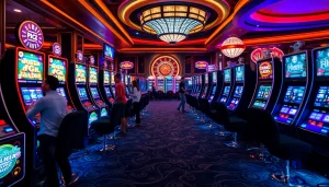 Players enjoying vibrant pg slot machines in an upscale casino ambiance filled with excitement.