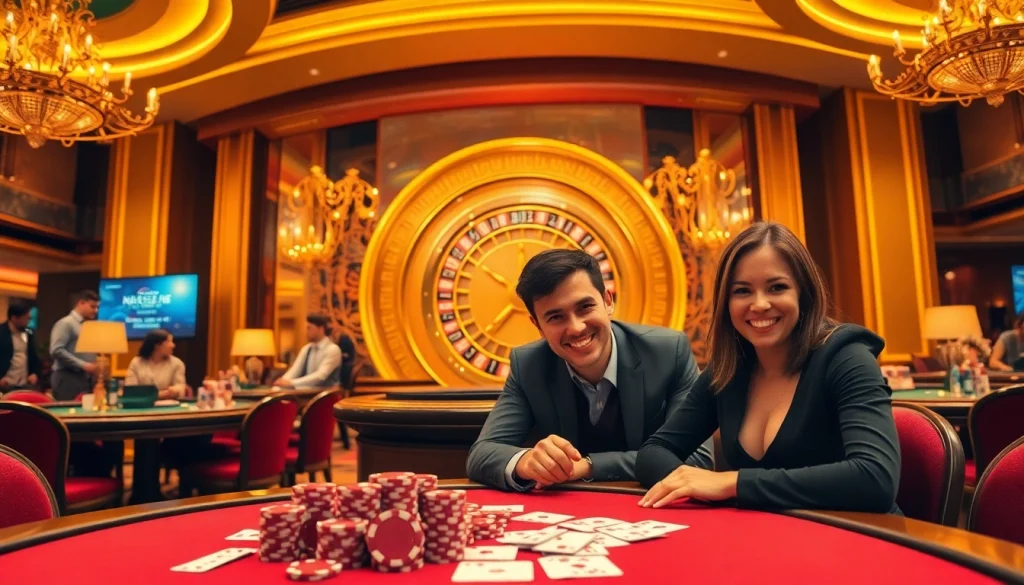 L'excitation monte au casino en ligne Français avec des joueurs à une table de jeu de luxe.