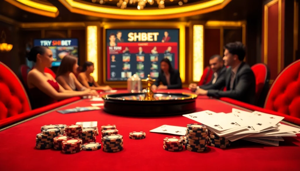 Shbet players enjoying a thrilling game at an upscale casino table with stunning decor.