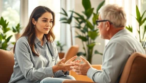Therapist discussing anxiety symptoms with a patient in a cozy environment.