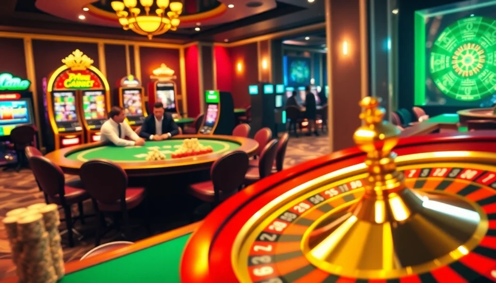 Vivez l'excitation dans un casino en ligne Français avec des joueurs passionnants à une table de poker et des machines à sous vibrantes.