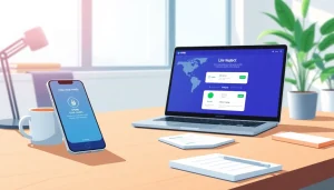 现代工作区中，智能手机和笔记本电脑上的快连VPN应用界面