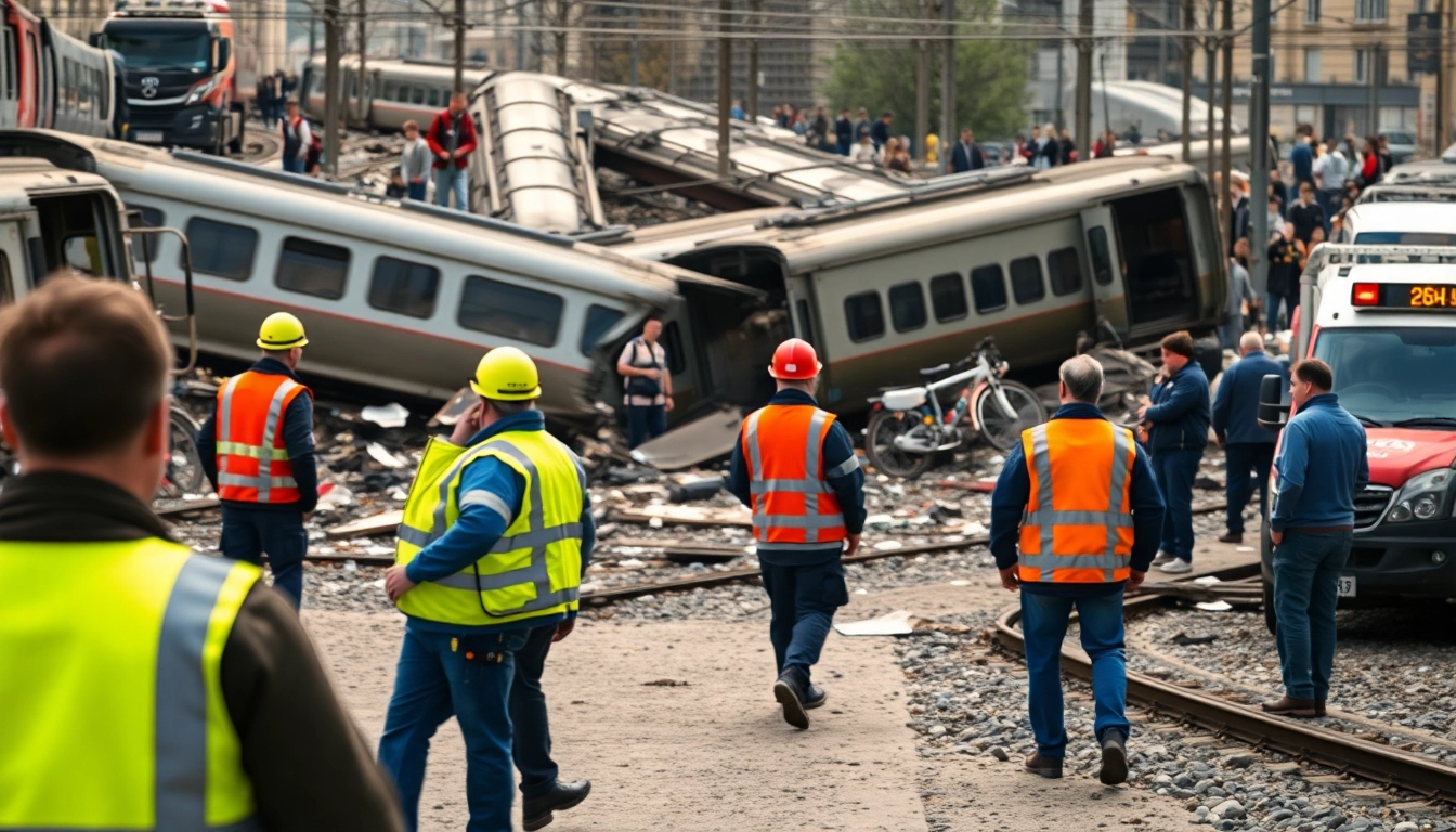 Responders examining debris from the spain train crash, showcasing urgency and chaos.