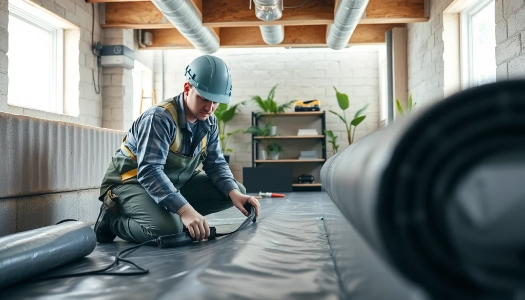 Vapor Barrier Installation process with a technician in a well-lit crawl space showcasing expert techniques.