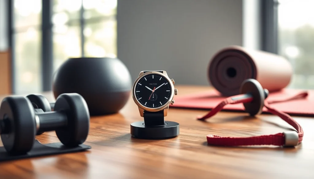 Showcasing Finesse Smart Watch with fitness gear in a bright, modern workspace.