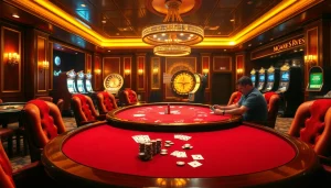 Vivez l'excitation du casino en ligne Français avec une scène de poker palpitante à une table luxueuse.