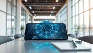 AI a smartfony w nowoczesnym biurze z technologią AI na ekranie.