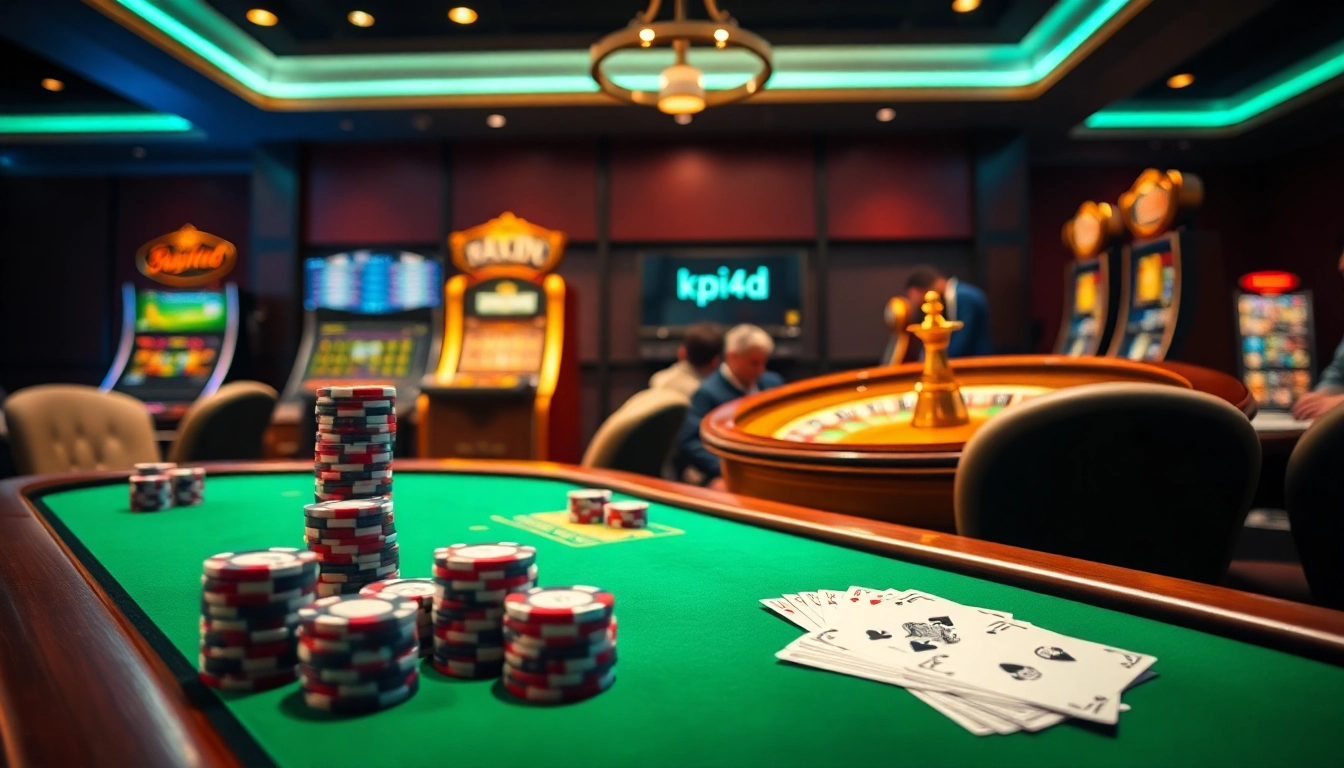 Engaging gamblers at a high-stakes poker table featuring the kpi4d logo, vibrant chips, and casino ambiance.