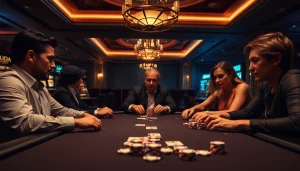 Hoki77 memainkan poker di kasino dengan suasana mewah dan dramatis.