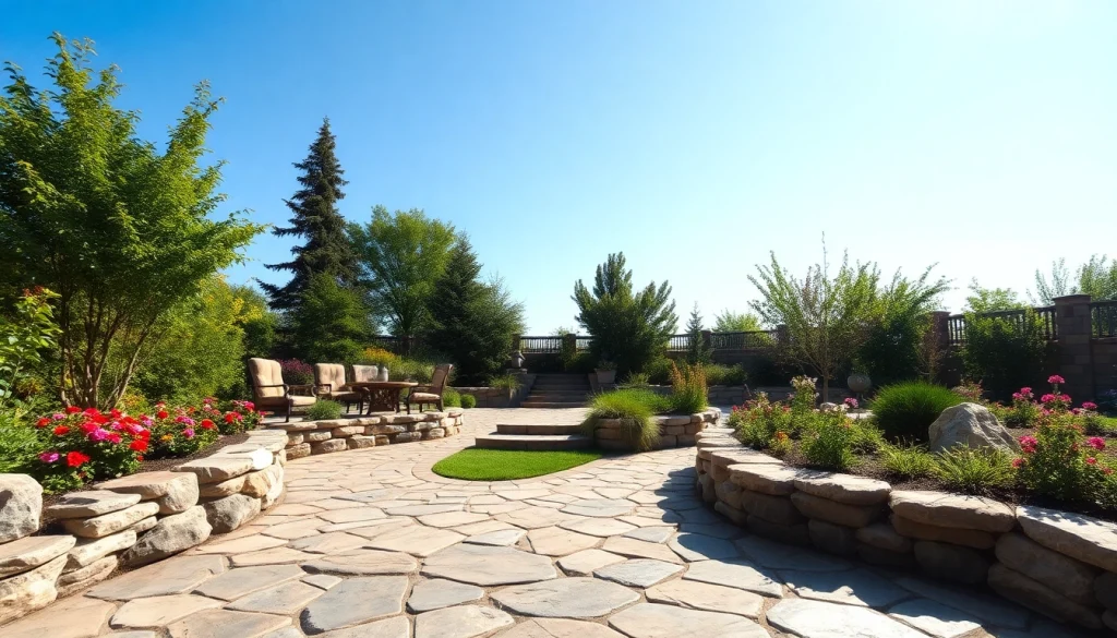 Hardscapes create an inviting outdoor space with intricate stone pathways and vibrant greenery.