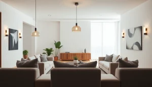 Sleek Illumination in an elegant modern living space with pendant lights and natural ambiance.