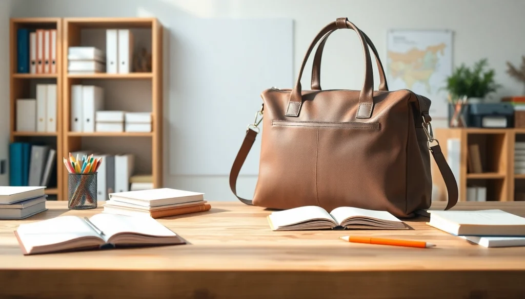 Handytasche Lehrer auf einem Schreibtisch mit Büchern und Schreibwaren.