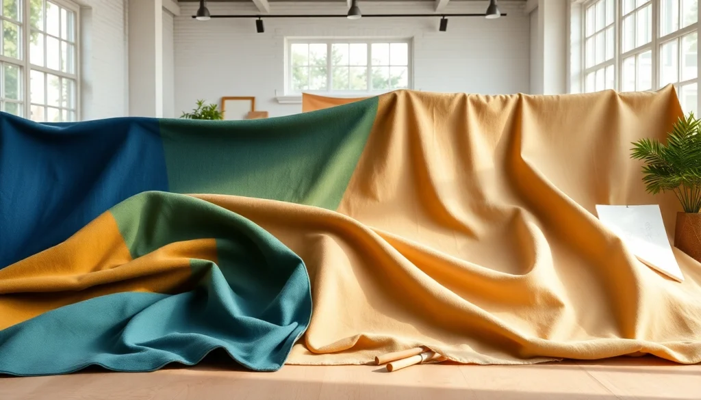 Canvas stoffen variëteit in een creatieve studio met verschillende kleuren en texturen.