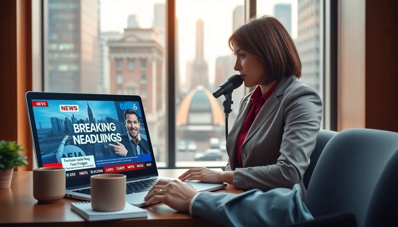 Engaging news journalist analyzing breaking headlines in a contemporary newsroom.