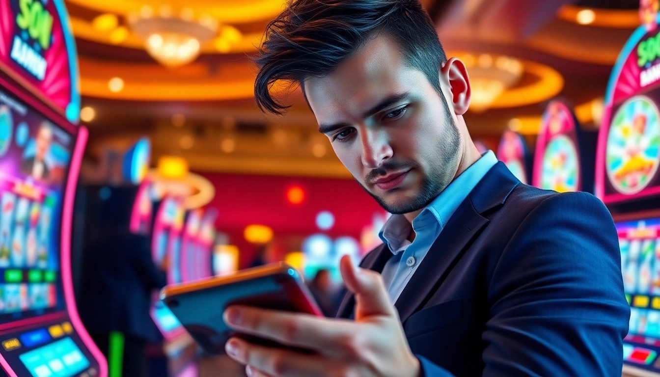 Engaged player participating at a Non gamstop Casino Uk with vibrant games in the background.