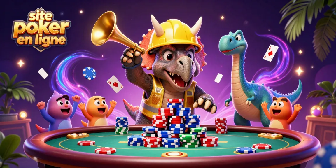 Jouer au poker en ligne sur un site poker en ligne, avec un triceratops et des personnages de jeu célébrant.