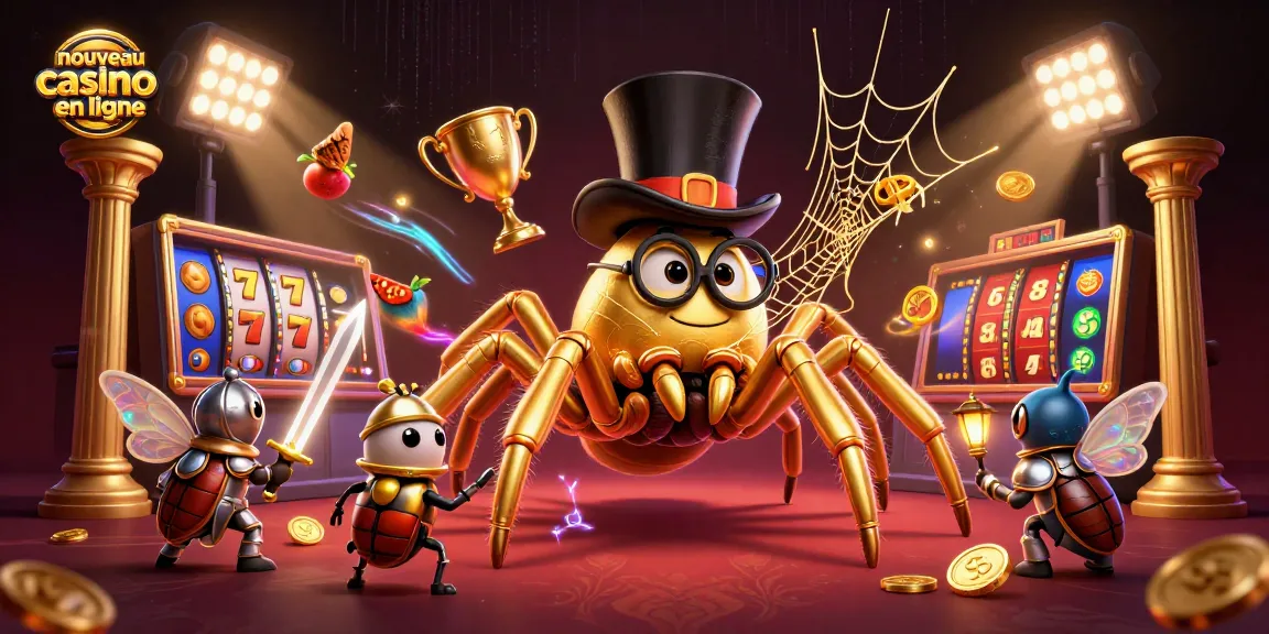Nouveau casino en ligne avec une illustration dynamique de jeux de casino, araignée dorée et chevalier.