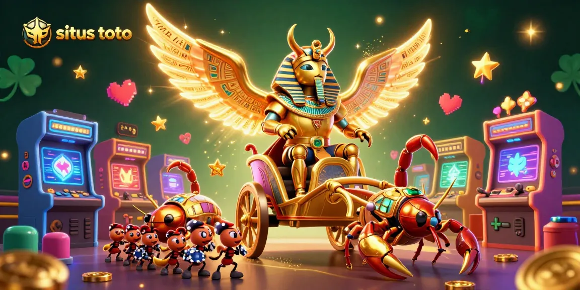 Play exciting games at situs toto, featuring a golden scarab beetle chariot in a dynamic casino scene.