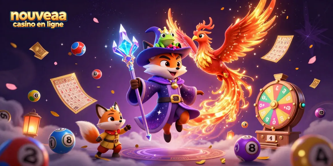 Illustration 3D d'un nouveau casino en ligne, avec un renard sorcier et un phoenix au milieu d'éléments de loterie colorés.