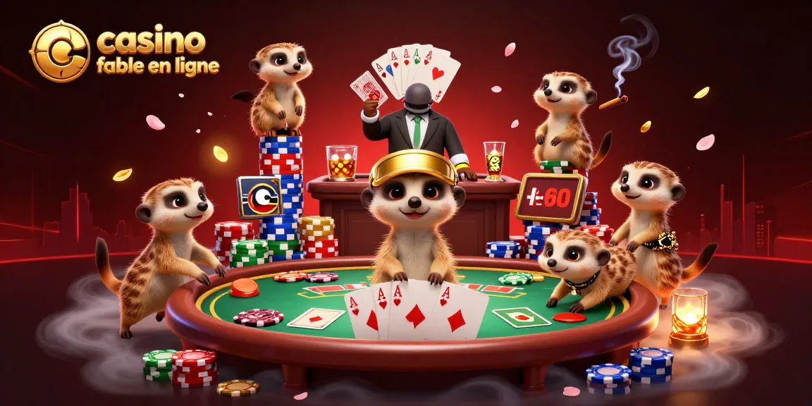 Des suricates gèrent une opération de casino fiable en ligne, parmi des jetons colorés et une table de poker.