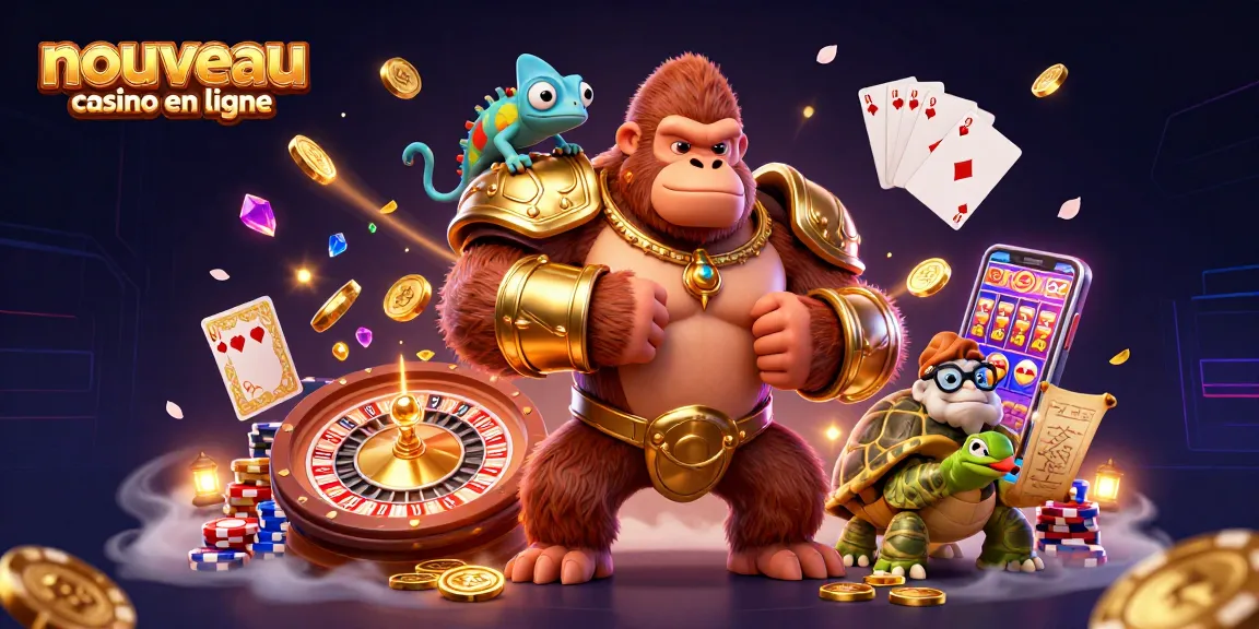 Célébrez le nouveau casino en ligne avec un gorille puissant, un caméléon espion coloré et une tortue sage, entourés de pièces d'or et d'effets lumineux.
