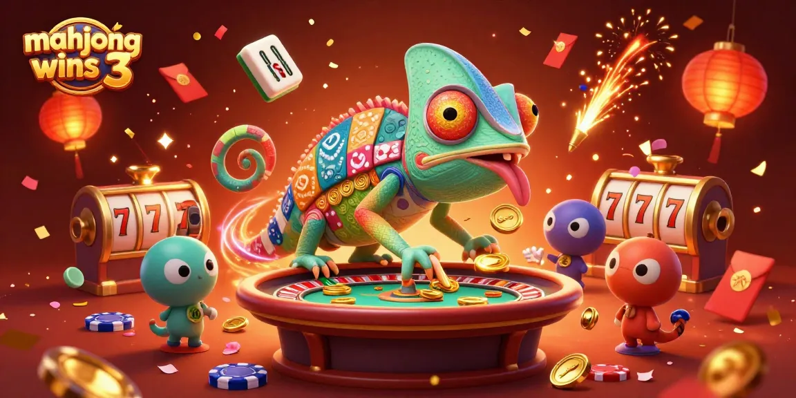 Experience mahjong wins 3 as a vibrant chameleon casino owner seizes golden coins amidst animated festivities.