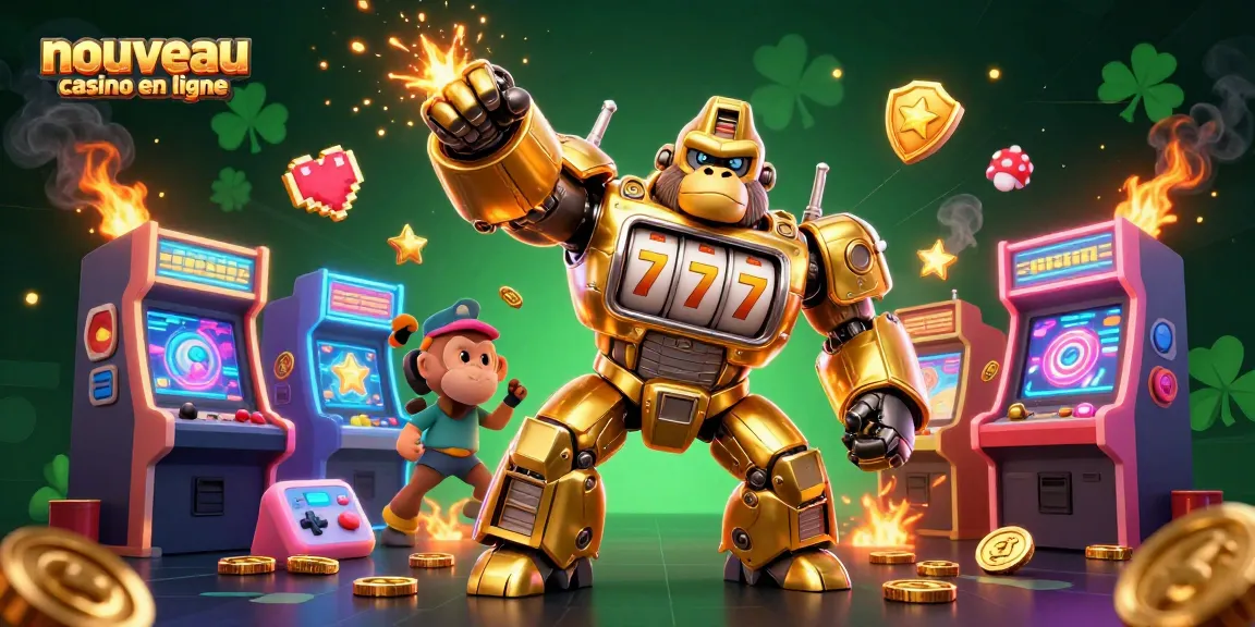 Profitez de l'expérience d'un nouveau casino en ligne avec ce gorille mech doré, entouré de jeux colorés.