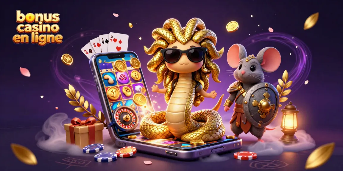 Des tours gratuits et bonus casino en ligne illuminent l'illustration fantastique.