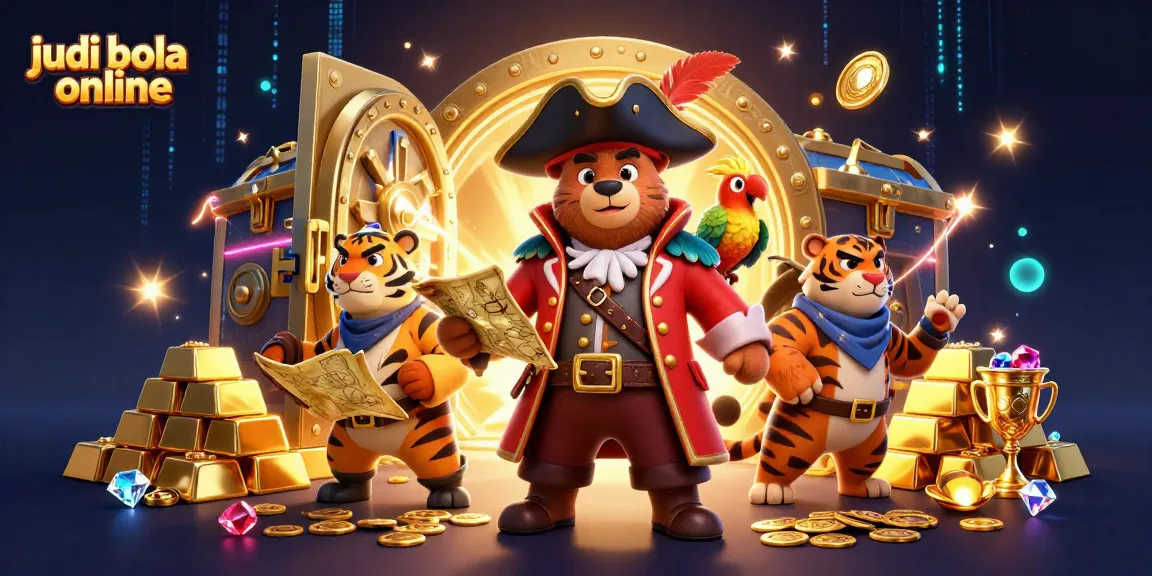 Engage in judi bola online with a dynamic scene of vibrant characters and treasures depicting sports betting excitement.
