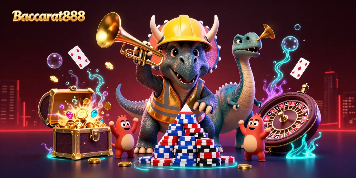 Baccarat888 delivers thrilling casino action with dynamic gaming scenes featuring poker chips and cheering characters.