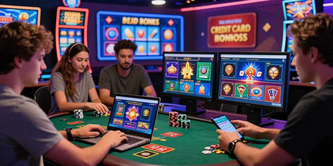 Players enjoying the best credit card casinos with laptops and smartphones in a lively virtual casino scene.