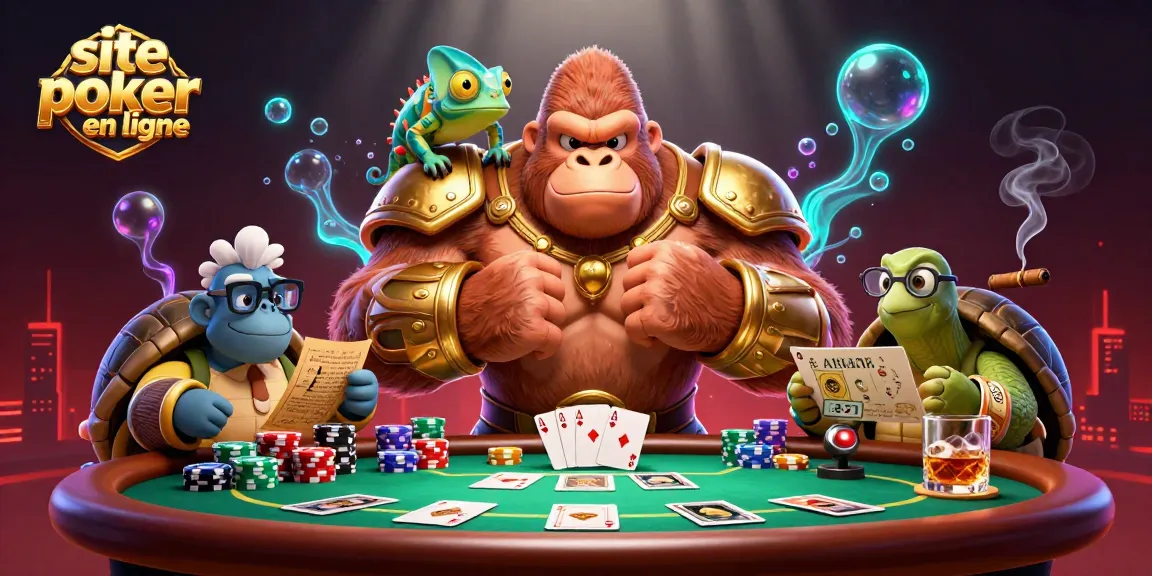Jouer sur un site poker en ligne avec un roi gorille en armure et un caméléon.