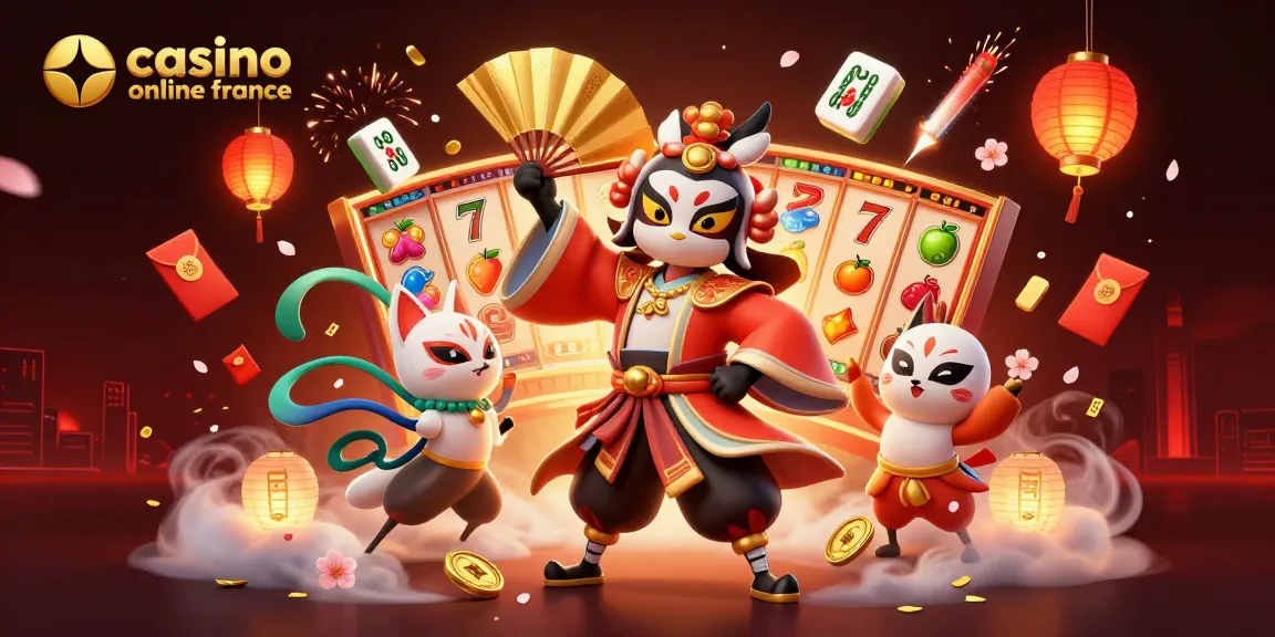 Profitez de l'expérience des jeux avec le casino en ligne en France, incluant des rouleaux de machines à sous et des personnages colorés.