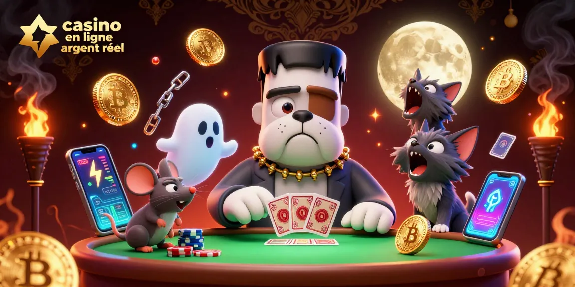 Casino en ligne argent réel : Un bulldog Frankenstein distribuant des cartes à une table de casino.