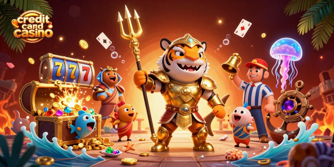 Engage in thrilling gameplay at a credit card casino featuring vibrant characters, slot machines, and colorful treasures.