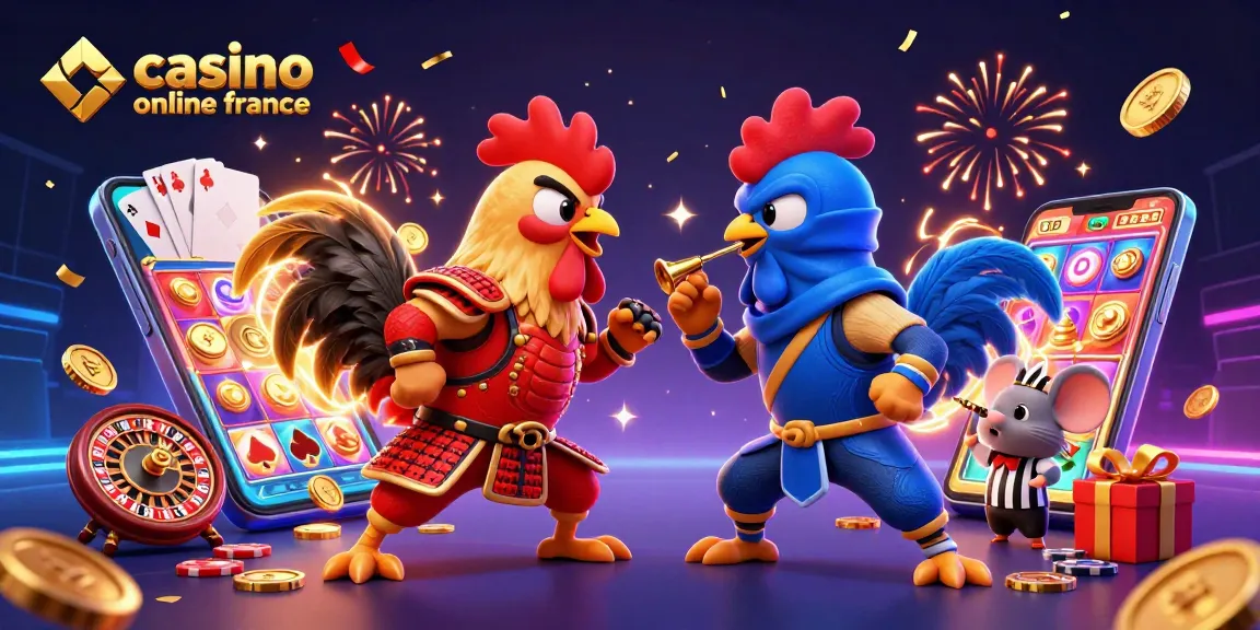 Les combats de coqs animés dans une scène vibrante de casino en ligne en France avec des éléments de jeu